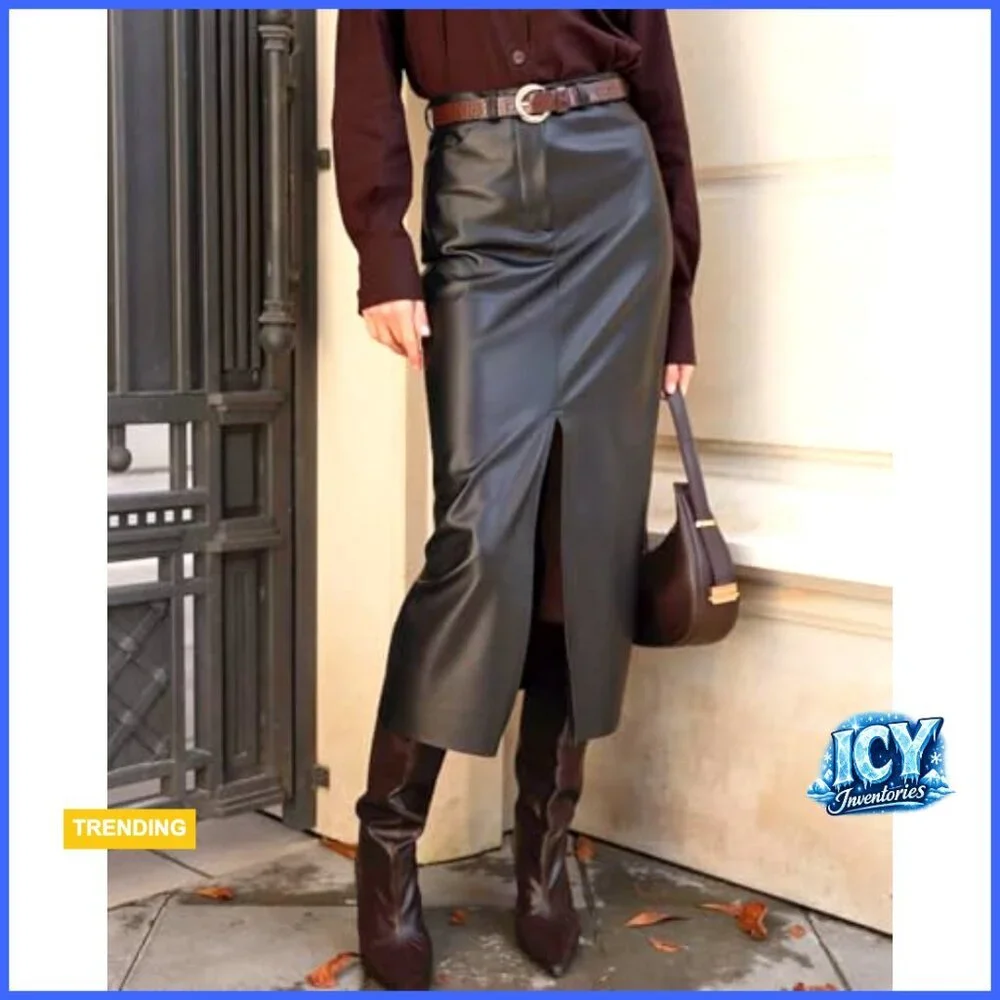 Faux Leather Pencil Skirt High Waist Split Maxi Slim Fit Midi Length